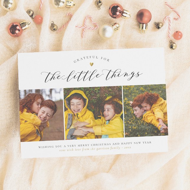 The Little Things | Minimalist Gold Heart 3 Photo Holiday Card (Creator Uploaded)