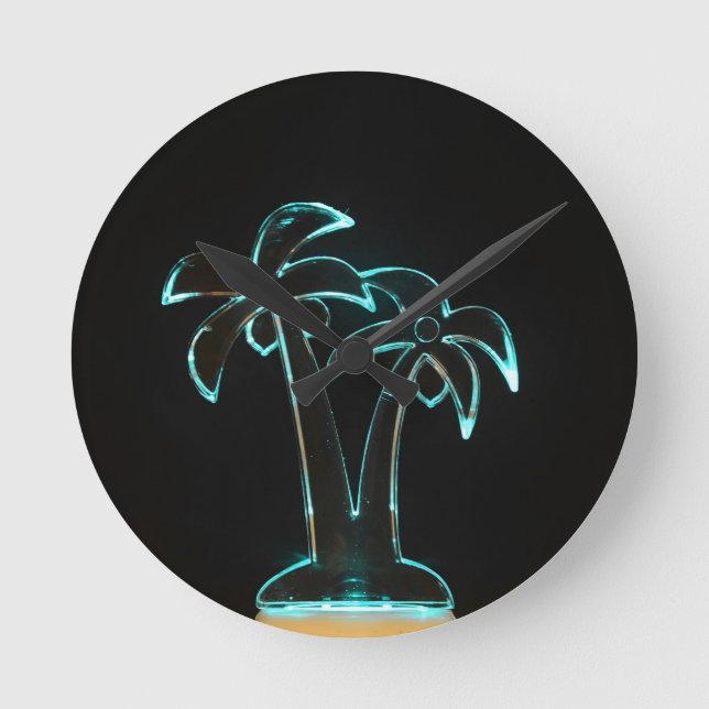 The Look of Neon Lit Up Tropical Palm Trees Round Clock (Front)