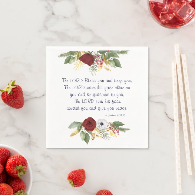 The Lord Bless You Bible Verse Red Rose Floral Napkin (Insitu)