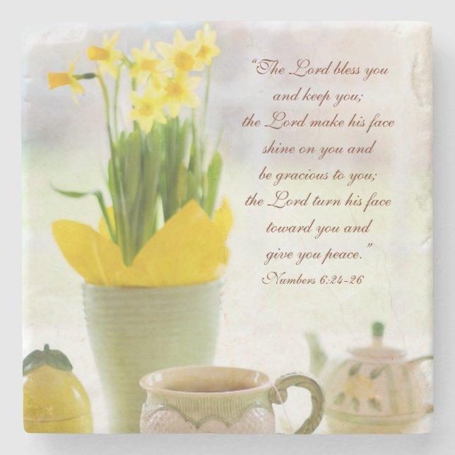 The Lord Bless You Bible Verse Tea Party Daffodils Stone Coaster (Front)