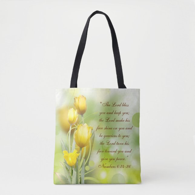 The Lord Bless You Bible Verse Yellow Tulips Tote Bag (Front)