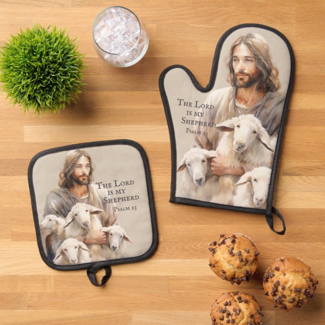 The Lord is My Shepherd Psalm 23 Oven Mitt & Pot Holder Set (Top Down)