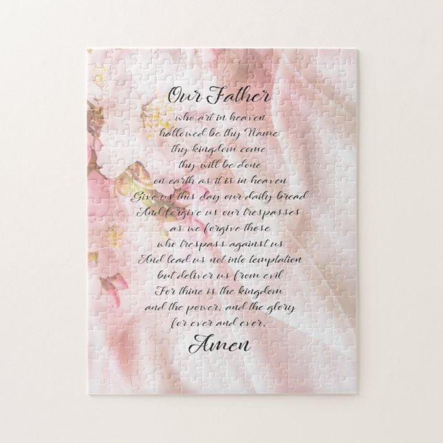 The Lord's Prayer Script letters Soft Pink Florals Jigsaw Puzzle (Vertical)