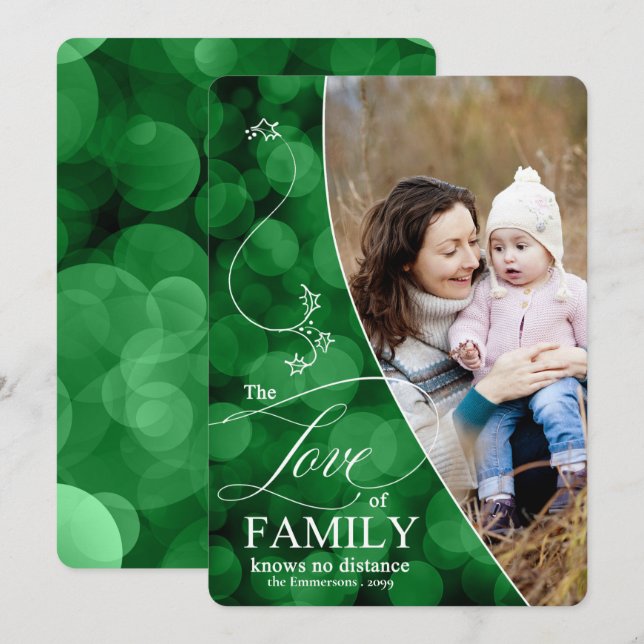 The Love of Family Green Bokeh Christmas Photo Hol Holiday Card (Front/Back)