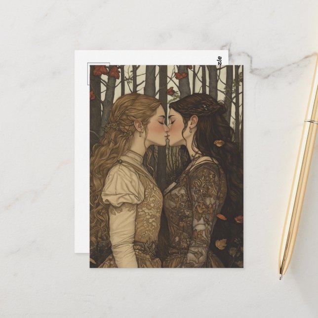 The Lovers Kiss Vintage Fairytale in Autumn Postcard (Front/Back In Situ)