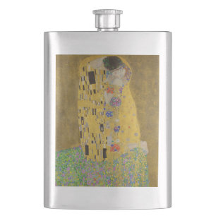 The Lovers Kissing Embrace by Gustav Klimt Hip Flask