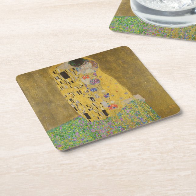 The Lovers Kissing Embrace by Gustav Klimt Square Paper Coaster (Angled)