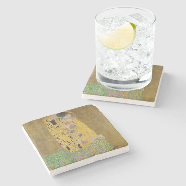 The Lovers Kissing Embrace by Gustav Klimt Stone Coaster (Side)