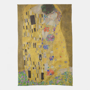 The Lovers Kissing Embrace by Gustav Klimt Tea Towel