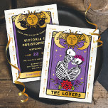 The Lovers Skeleton Couple Gothic Wedding Tarot Invitation<br><div class="desc">Celestial Goth "the lovers" Tarot Wedding invitations with a skeleton couple. Perfect for Halloween, a night under the stars, cosmic, horoscope, goth or mystical magical night. All wording can be changed. Faux gold. To make more changes go to Personalise this template. On the bottom you’ll see “Want to customise this...</div>