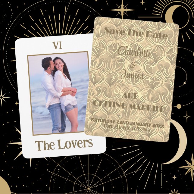 The Lovers Tarot Card Gold Photo Save The Date (Front And Back)