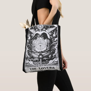 THE LOVERS Tarot Celestial Couple Black & White Tote Bag