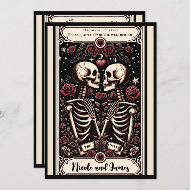 THE LOVERS Tarot Skeleton Love Red Roses Wedding  Invitation (Front/Back)