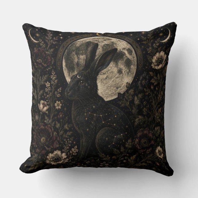 The Lunar Hare | Gothic Celestial Botanical Throw  Cushion (Front)