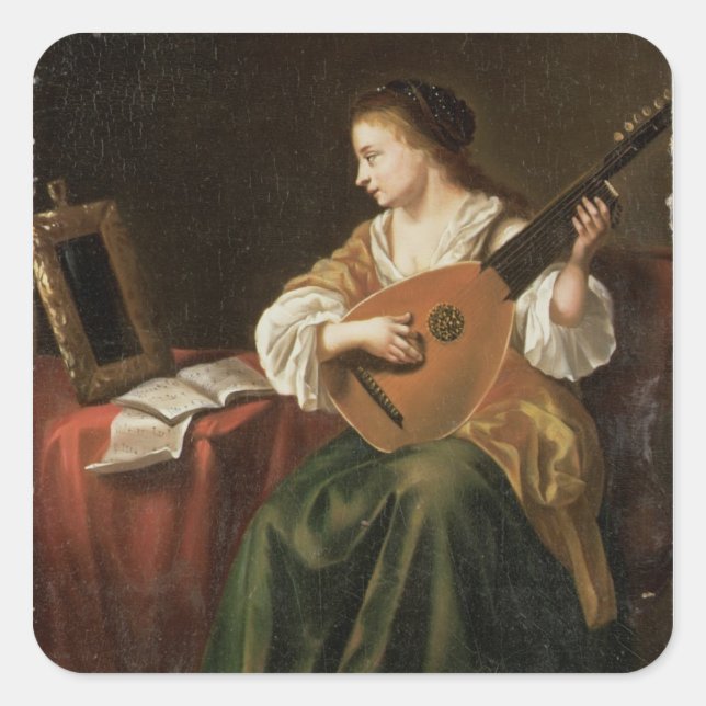 The Lute Player (oil on panel) Square Sticker (Front)
