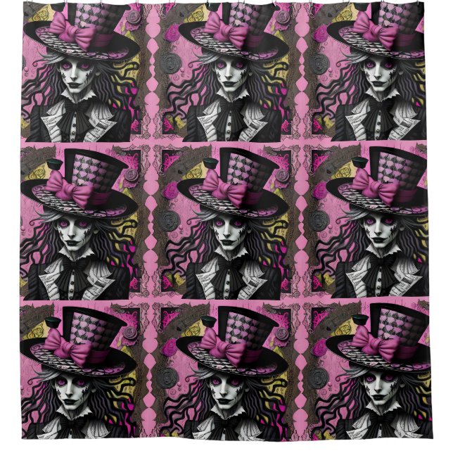 The Mad Hatter Pink and Black Alice Inspired Shower Curtain (Front)