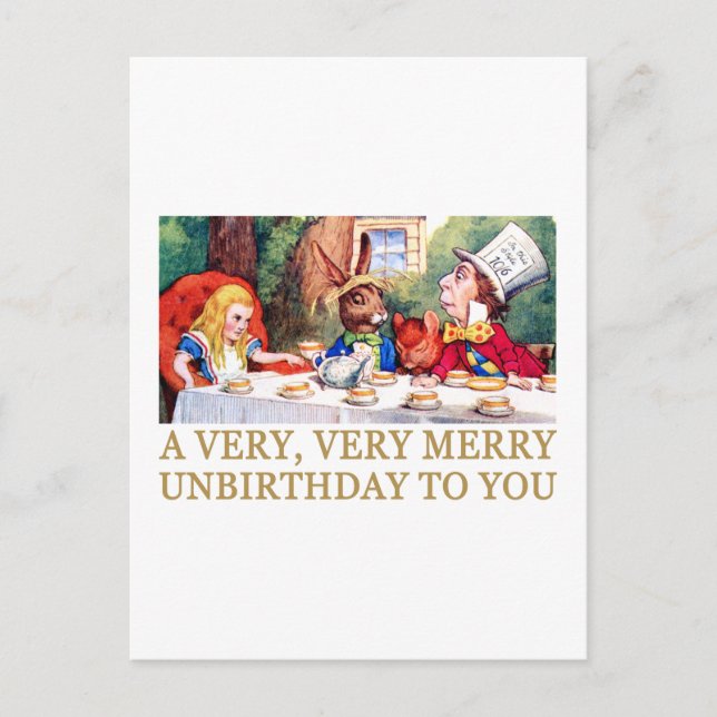 THE MAD HATTER WISHES ALICE A MERRY UNBIRTHDAY! HOLIDAY POSTCARD (Front)