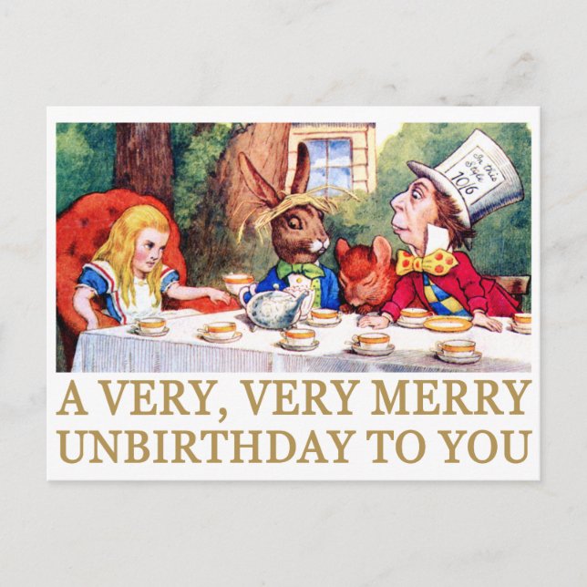 THE MAD HATTER WISHES ALICE A MERRY UNBIRTHDAY! HOLIDAY POSTCARD (Front)