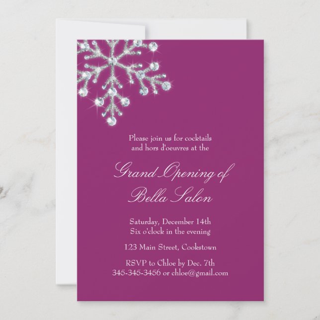 The Magenta Grand Opening Offset Crystal Snowflake Invitation (Front)