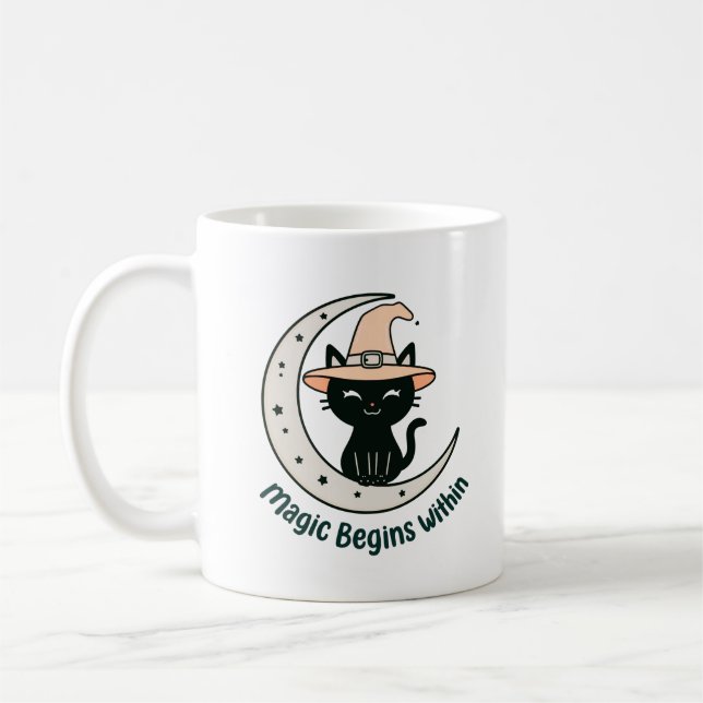The Magic Begins Within Black Cat Witch Hat Coffee Mug (Left)