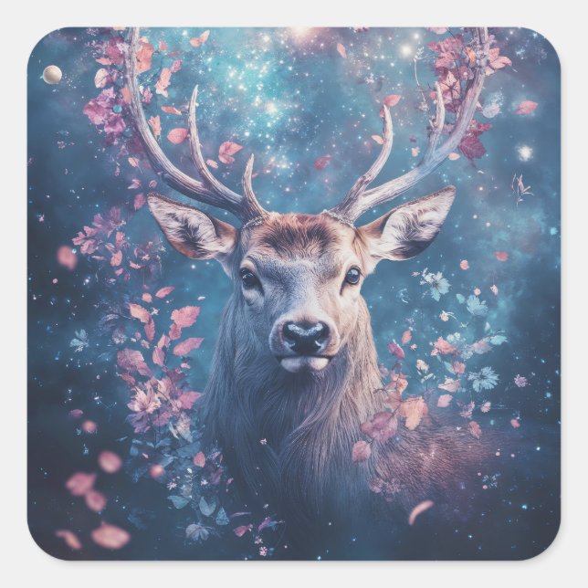 The Magical Deer Among Stars and Flowers Square Sticker (Front)