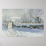 The Magpie by Claude Monet Poster<br><div class="desc">The Magpie by Claude Monet, oil on canvas 1868 - 1869, is a landscape painting of a winter scene of a field with houses and trees covered in snow, the lone figure of a large black and white bird perched on a country farm fence. Monet paints the scene with sharp...</div>