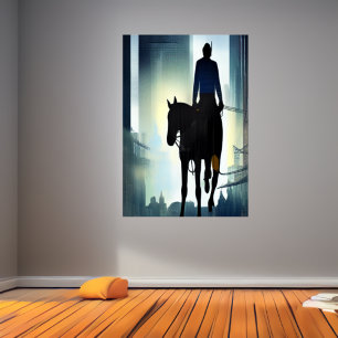 The man and the horse in the city   AI Art Poster