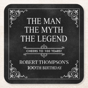 The Man The Myth The Legend 100th Birthday Black  Square Paper Coaster