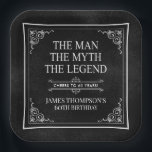 The Man The Myth The Legend 60th Birthday Black  Paper Plate<br><div class="desc">He IS The Man The Myth The LEGEND! His life has been an amazing adventure and it's time to celebrate his legacy and him. This textured black paper with white type and white scrolled corners 60th Birthday 9" square paper plates are perfect for honouring and celebrating this incredible milestone birthday!...</div>