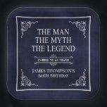 The Man The Myth The Legend 60th Birthday Blue Paper Plate<br><div class="desc">He IS The Man The Myth The LEGEND! His life has been an amazing adventure and it's time to celebrate his legacy and him. This textured navy blue paper with white type and white scrolled corners 60th Birthday 9" square paper plates are perfect for honouring and celebrating this incredible milestone...</div>