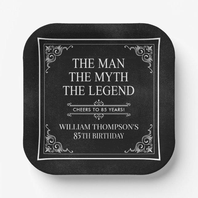 The Man The Myth The Legend 85th Birthday Black  Paper Plate (Front)