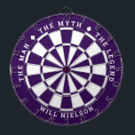 "The man, the myth, the legend" | Dark Purple Dartboard<br><div class="desc">Great gift for guys. 2-colour dartboard (customisable colours) with the curved text on top: "THE MYTH" "THE MAN" "THE LEGEND" separated by diamond symbols. Curved text on the bottom for the name of the recipient.
If you need help with this design,  please email me at help@customandcrafted.com</div>
