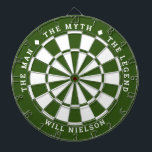 "The man, the myth, the legend" | Forest Green Dartboard<br><div class="desc">Great gift for guys. 2-colour dartboard (customisable colours) with the curved text on top: "THE MYTH" "THE MAN" "THE LEGEND" separated by diamond symbols. Curved text on the bottom for the name of the recipient.
If you need help with this design,  please email me at help@customandcrafted.com</div>