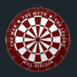 "The man, the myth, the legend" His Name Dark Red Dartboard<br><div class="desc">Great gift for guys. 2-colour dartboard (customisable colours) with the curved text on top: "THE MYTH" "THE MAN" "THE LEGEND" separated by diamond symbols. Curved text on the bottom for the name of the recipient.
If you need help with this design,  please email me at help@customandcrafted.com</div>
