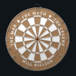"The man, the myth, the legend" | Wood Brown Dartboard<br><div class="desc">Great gift for guys. 2-colour dartboard (customisable colours) with the curved text on top: "THE MYTH" "THE MAN" "THE LEGEND" separated by diamond symbols. Curved text on the bottom for the name of the recipient.
If you need help with this design,  please email me at help@customandcrafted.com</div>