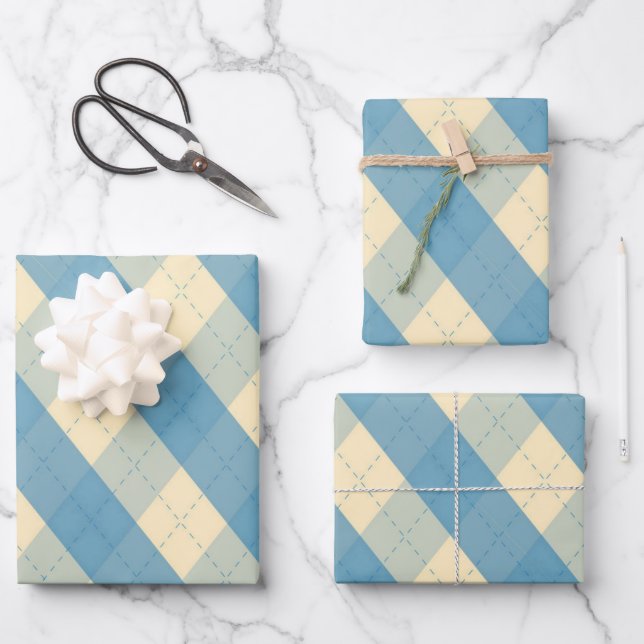 The MeanClique Blue Argyle Wrapping Paper Sheet (Front)