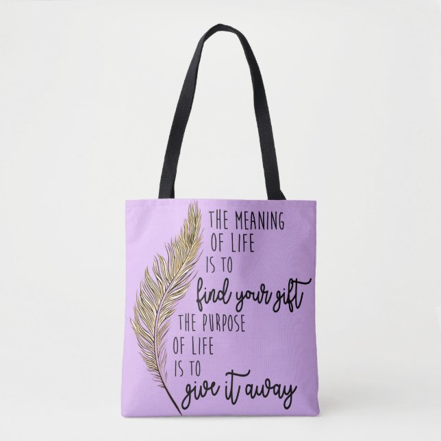 The meaning of life - purple tote w/feather design bag (Front)