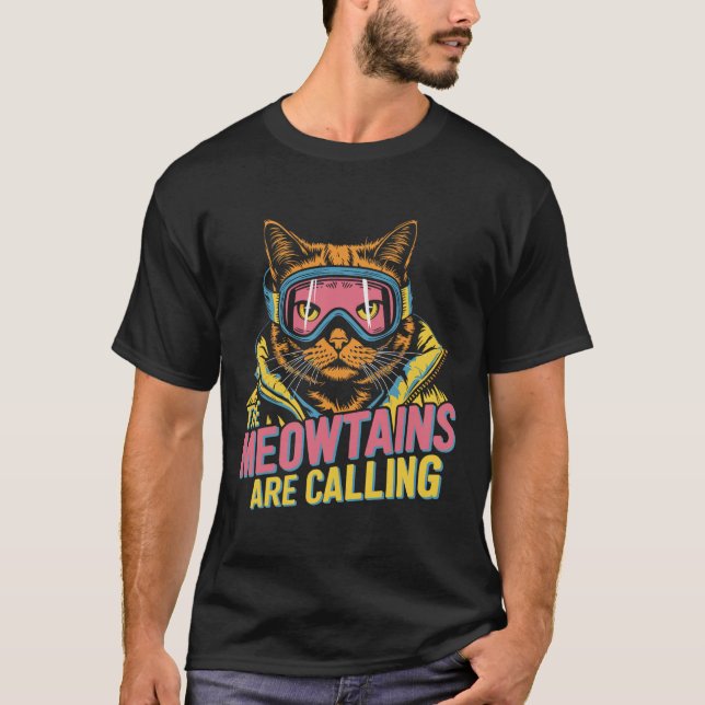 The Meowtains Are Calling Cat Snowboard Ski Kids M T-Shirt (Front)