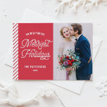 The Merriest Holidays Typography Photo Christmas Holiday Card<br><div class="desc">Send your warm holiday wishes with this customisable Christmas card. It features a modern typography script with a red and white diagonal stripes pattern. Personalise this modern holiday card by adding your details. This custom photo Christmas card is available in other cardstocks and colours. Matching items are available.</div>