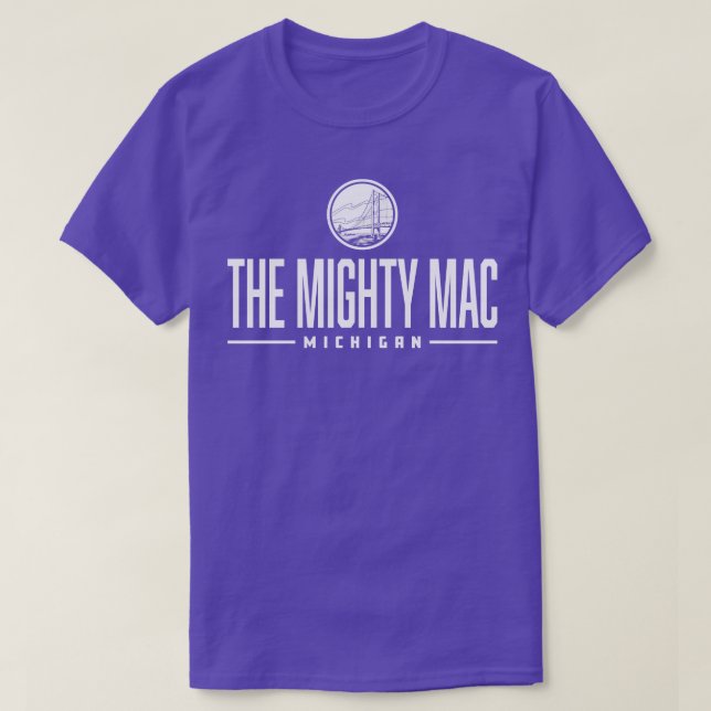 The Mighty Mac Michigan Wordmark Bridge White T-Shirt (Design Front)