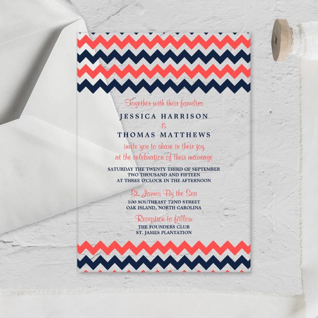 The Modern Chevron Wedding Collection Navy & Coral Acrylic Invitations (Creator Uploaded)