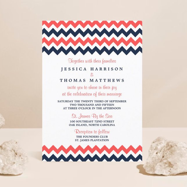 The Modern Chevron Wedding Collection Navy & Coral Invitation (Creator Uploaded)
