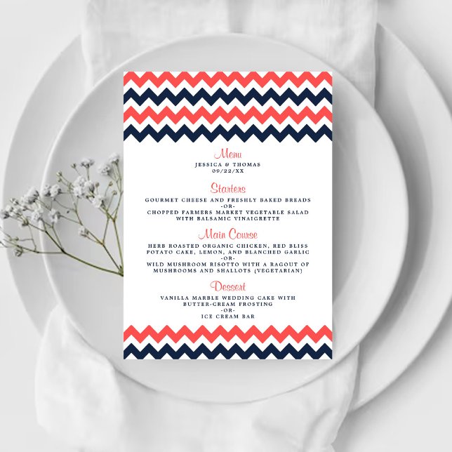 The Modern Chevron Wedding Collection Navy & Coral Menu (Creator Uploaded)