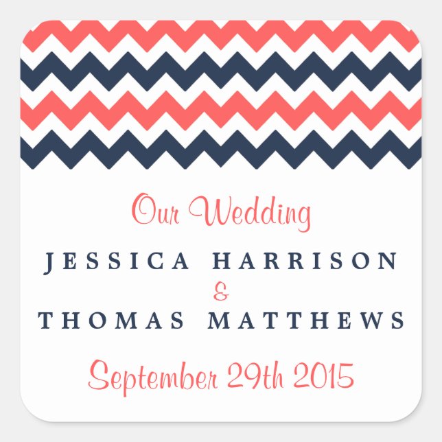 The Modern Chevron Wedding Collection Navy & Coral Square Sticker (Front)
