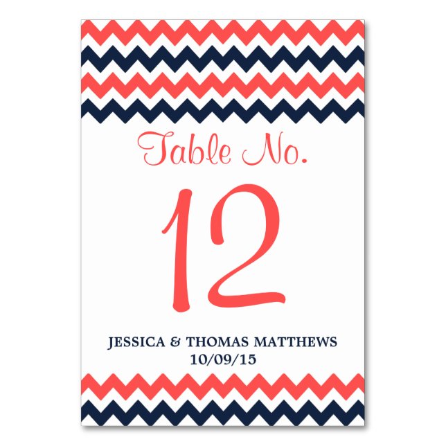 The Modern Chevron Wedding Collection Navy & Coral Table Number (Front)