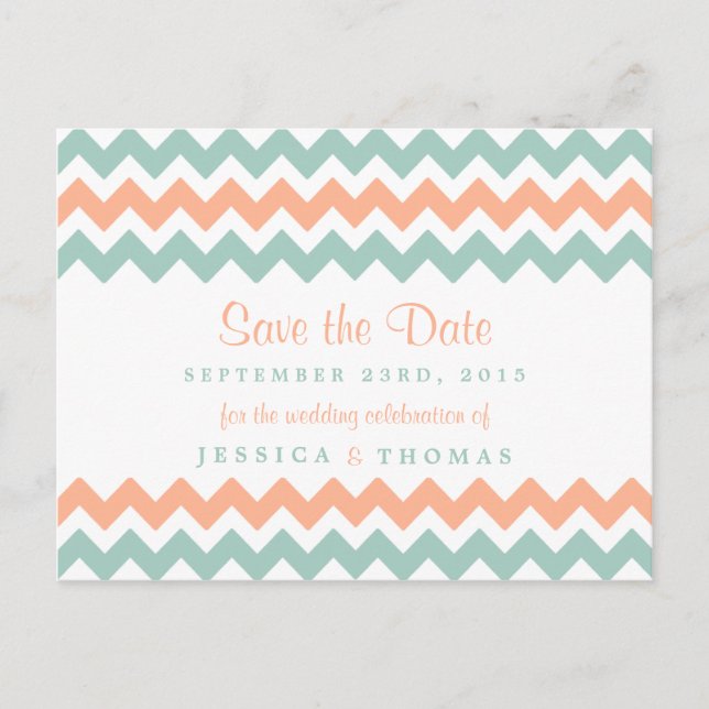 The Modern Chevron Wedding Collection Peach & Mint Announcement Postcard (Front)