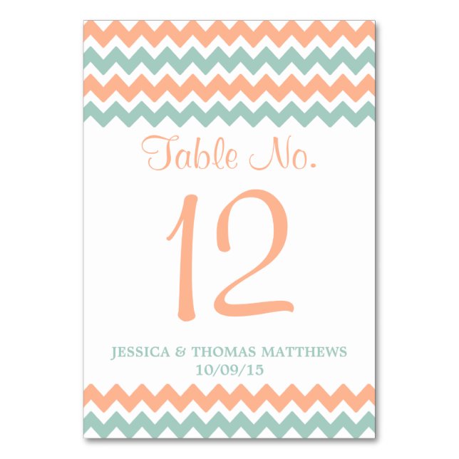 The Modern Chevron Wedding Collection Peach & Mint Table Number (Front)