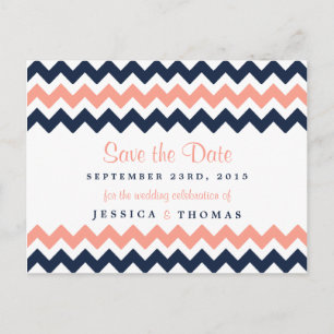 The Modern Chevron Wedding Collection- Pink & Navy Announcement Postcard