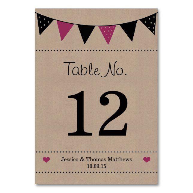 The Modern Pink Bunting Wedding Collection Table Number (Front)