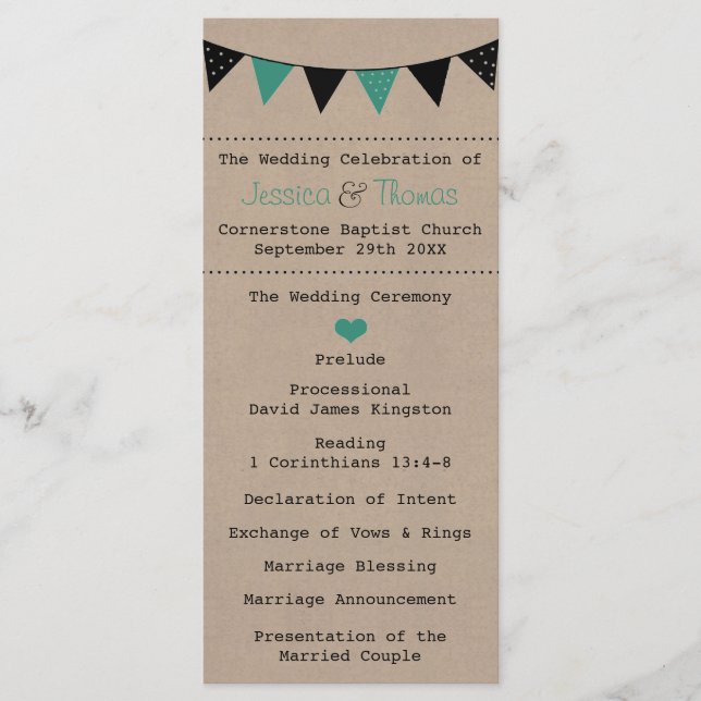 The Modern Turquoise Bunting Wedding Collection Programme (Front)